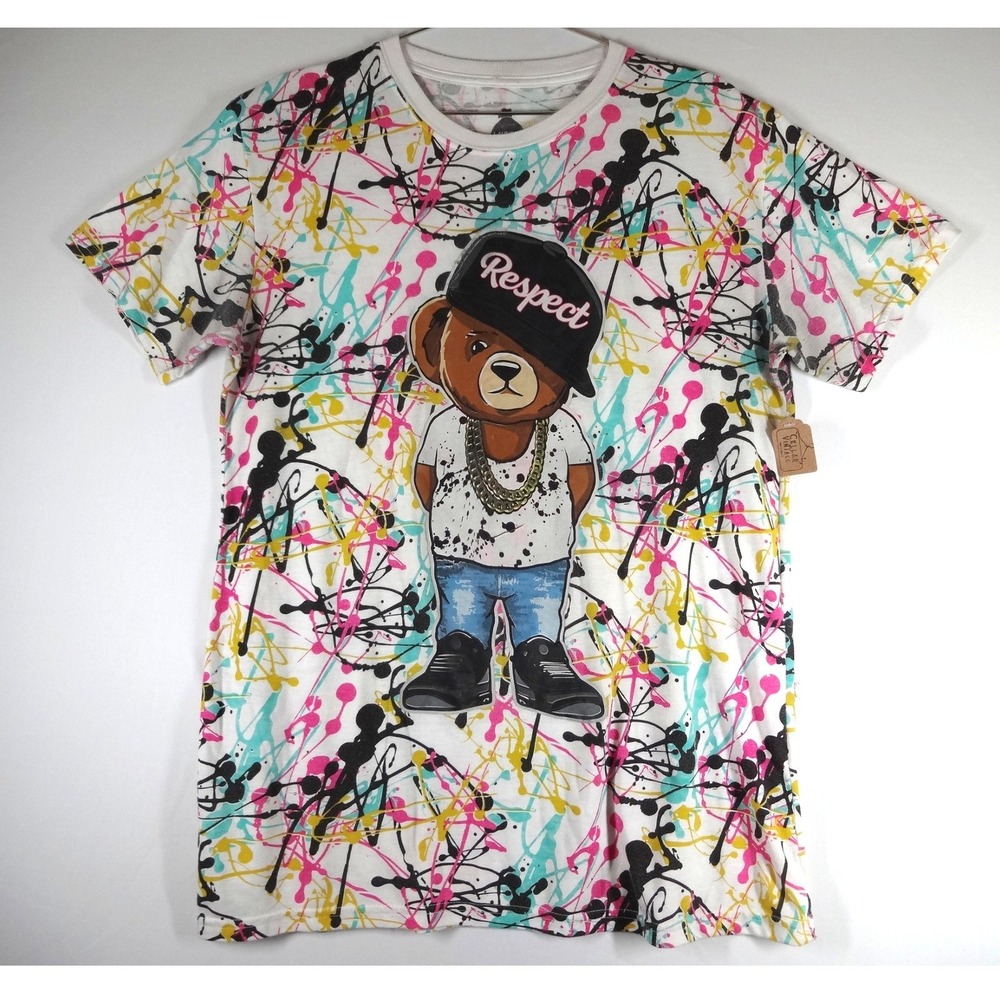 White Paint Splatter Bear Hip Hop Streetwear Graphic T Shirt Mens L Summer Teddy